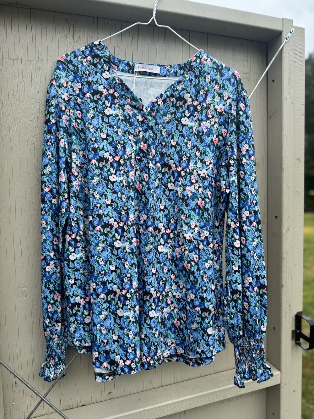 Floral Button-Front Long Sleeve Top - Blue Multi